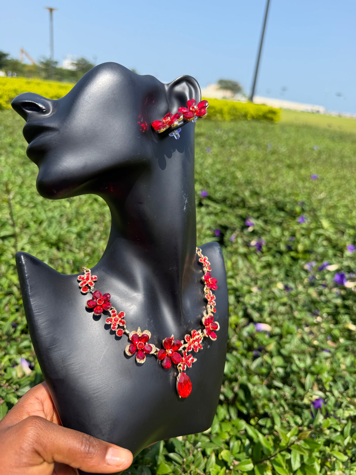 Parure de bijoux en cristal floral rouge